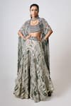 Buy_Nupur Kanoi_Off White Crepe Embroidered Embellished Tribal Asymmetric Cape Circular Pant Set _at_Aza_Fashions