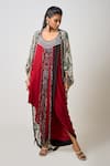 Buy_Nupur Kanoi_Burgundy Crepe Print Abstract Hand Embroidered Tassel Dress With Gathered Kite _at_Aza_Fashions