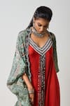 Shop_Nupur Kanoi_Red Crepe Print Abstract Jacket Open Neck Kite With Draped Jumpsuit _at_Aza_Fashions