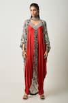 Buy_Nupur Kanoi_Red Crepe Print Abstract Jacket Open Neck With Draped Jumpsuit _at_Aza_Fashions