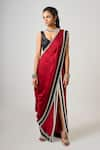 Buy_Nupur Kanoi_Burgundy Crepe Placement Embroidery Beads V Pre-draped Slit Saree With Blouse _at_Aza_Fashions