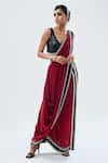 Nupur Kanoi_Burgundy Crepe Placement Embroidery Beads V Pre-draped Slit Saree With Blouse _Online_at_Aza_Fashions