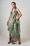 Buy_Nupur Kanoi_Green Crepe Print Abstract Pre-draped Cowl Saree With Stripe Embroidered Blouse _at_Aza_Fashions