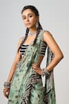 Nupur Kanoi_Green Crepe Print Abstract Pre-draped Cowl Saree With Stripe Embroidered Blouse _Online_at_Aza_Fashions