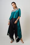 Buy_Nupur Kanoi_Blue Satin Placement Embroidery Beads Hand Off Shoulder Top With Pant _at_Aza_Fashions