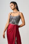 Shop_Nupur Kanoi_Burgundy Satin Embroidery Kantha Stitch Scoop Neck Hand Bustier Dress _at_Aza_Fashions