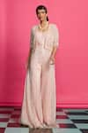 Buy_Priyanka Jain_Peach Crinkle Embroidered Sequin Shimmer Jumpsuit With An Crop Jacket _at_Aza_Fashions