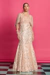 Buy_Priyanka Jain_Peach Georgette Embroidered Sequin Plunge-v Shimmer Gown _Online_at_Aza_Fashions