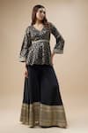 Buy_Monk & Mei_Black Bengaluru Silk Woven Checkered V Neck Peplum Tunic And Sharara Set _at_Aza_Fashions