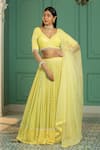 Monk & Mei_Yellow Georgette Woven Geometric V Neck Lehenga Set _Online_at_Aza_Fashions