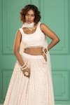 Shop_Monk & Mei_Pink Georgette Woven Geometric Round Pleated Lehenga Set _Online_at_Aza_Fashions