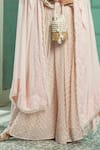 Monk & Mei_Pink Georgette Embroidery Thread Boat Neck Border Cape And Sharara Set _Online_at_Aza_Fashions