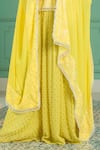 Monk & Mei_Yellow Georgette Embroidery Thread Boat Neck Sequin Border Cape And Sharara Set _Online_at_Aza_Fashions