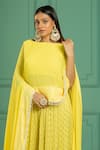 Monk & Mei_Yellow Georgette Embroidery Thread Boat Neck Sequin Border Cape And Sharara Set _at_Aza_Fashions