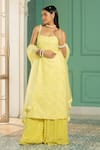 Buy_Monk & Mei_Yellow Georgette Embroidery Thread Square Neck Sequin Kurta Sharara Set _at_Aza_Fashions