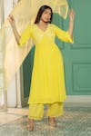 Shop_Monk & Mei_Yellow Georgette Embroidery Chikankari Thread V Sequin Yoke Anarkali Pant Set _Online_at_Aza_Fashions