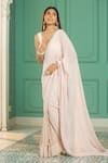 Buy_Monk & Mei_Pink Georgette Embellished Pearl Scoop Neck Border Pre-draped Saree With Blouse _at_Aza_Fashions