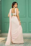 Shop_Monk & Mei_Pink Georgette Embellished Pearl Scoop Neck Border Pre-draped Saree With Blouse _Online_at_Aza_Fashions