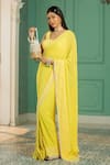 Buy_Monk & Mei_Yellow Georgette Embellished Pearl Scoop Leaf Woven Pre-draped Saree With Blouse _at_Aza_Fashions