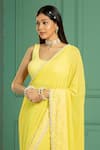 Buy_Monk & Mei_Yellow Georgette Embellished Pearl Scoop Leaf Woven Pre-draped Saree With Blouse _Online_at_Aza_Fashions