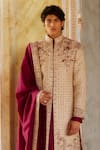 Shop_EEKSHA_Beige Dupion Embroidery Crystal Moti Gul Sherwani Set _at_Aza_Fashions