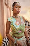 Show Shaa_Green Lehenga And Blouse Silk Hand Embroidered Floral V-neck Flower Print Set _Online_at_Aza_Fashions