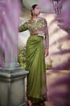 Buy_Show Shaa_Green Draped Skirt Satin Embroidered Floral Lapel Kimaya Jacket With _at_Aza_Fashions