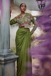 Shop_Show Shaa_Green Draped Skirt Satin Embroidered Floral Lapel Kimaya Jacket With _at_Aza_Fashions