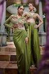 Show Shaa_Green Draped Skirt Satin Embroidered Floral Lapel Kimaya Jacket With _Online_at_Aza_Fashions