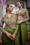 Buy_Show Shaa_Green Draped Skirt Satin Embroidered Floral Lapel Kimaya Jacket With _Online_at_Aza_Fashions