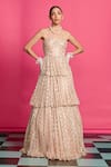 Buy_Priyanka Jain_Pink Georgette Lining Shantoon Glittery Bloom Flora Pattern Tiered Corset Gown _at_Aza_Fashions