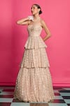 Shop_Priyanka Jain_Pink Georgette Lining Shantoon Glittery Bloom Flora Pattern Tiered Corset Gown _Online_at_Aza_Fashions