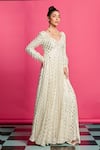 Shop_Priyanka Jain_Ivory Georgette Lining Fleur Pattern And Pearl Tassel Embellished Anarkali Set _Online_at_Aza_Fashions