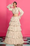 Buy_Priyanka Jain_Pink Georgette Lining Fleur Pattern Embellished Tiered Lehenga With Crop Top _at_Aza_Fashions