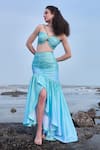 Buy_Verano by Tanya_Blue Satin Azzura High Low Ruched Skirt _at_Aza_Fashions