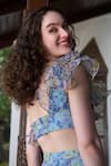 Shop_Verano by Tanya_Blue Elastic Print Floral One Shoulder Eveline Ruffle Crop Top _at_Aza_Fashions