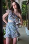 Buy_Verano by Tanya_Blue Organza Print Floral Eveline Tiered Ruffle Skirt _Online_at_Aza_Fashions