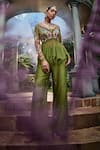 Shop_Show Shaa_Green Bustier And Pant Chanderi Embroidered Adhira Floral Peplum Tunic & Set _at_Aza_Fashions