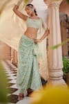 Buy_Show Shaa_Green Skirt Chiffon Hand Embroidered Floral Square Print Draped Cape Set _at_Aza_Fashions