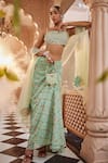 Shop_Show Shaa_Green Skirt Chiffon Hand Embroidered Floral Square Print Draped Cape Set _at_Aza_Fashions