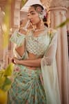 Shop_Show Shaa_Green Skirt Chiffon Hand Embroidered Floral Square Print Draped Cape Set _Online_at_Aza_Fashions