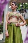 Show Shaa_Green Chanderi Embroidered Floral V-neck Kashvi Blouse And Flared Pant Set _Online_at_Aza_Fashions