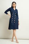 Samyukta Singhania_Blue Cotton Plain Notched Lapel Solid Linen Blazer Dress _Online_at_Aza_Fashions