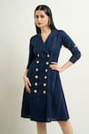 Buy_Samyukta Singhania_Blue Cotton Plain Notched Lapel Solid Linen Blazer Dress _Online_at_Aza_Fashions