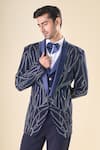 Aryavir Malhotra_Blue Japanese Poly Silk Hand Embroidered Cutdana Thread Tuxedo Set With Bow _at_Aza_Fashions