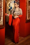 House of Anmol Jain_Red Pre-draped Saree Satin Hand Embroidered Stone With Blouse _Online_at_Aza_Fashions