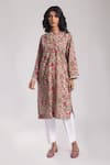 Buy_Avaha_Beige Kurta Cotton Print Floral Round Neck Ina With Pant _at_Aza_Fashions