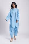 Avaha_Blue Cambric Poplin Plain Round Neck Ditsa Pathani Kurta With Pant _Online_at_Aza_Fashions