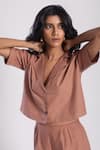 Avaha_Brown Cambric Poplin Plain Lapel Collar Sakuta Cropped Top With Pant _at_Aza_Fashions