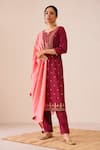 Buy_Avaha_Maroon Viscose Silk Embroidered Notched Gul Arezo Kurta Pant Set _at_Aza_Fashions